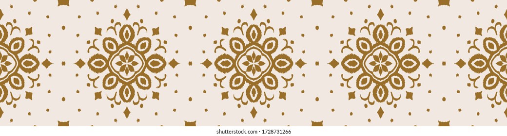 Ikat seamless pattern. Border with snowflakes. Openwork lace. New year Christmas background. Vector tie dye shibori print with stripes and chevron. Ink textured japanese background. Bohemian fashion. 