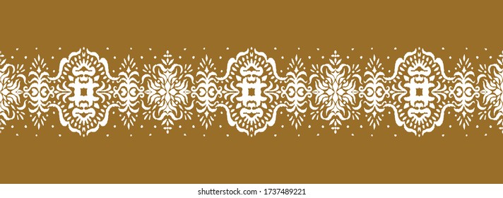 Ikat seamless pattern. Border with snowflakes. Openwork lace. New year Christmas background. Vector tie dye shibori print with stripes and chevron. Ink textured japanese background. Bohemian fashion. 