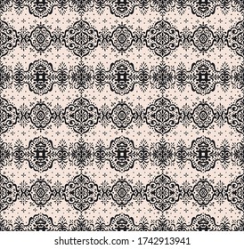 Ikat seamless pattern. Border with snowflakes. Openwork lace. New year Christmas background. Vector tie dye shibori print with stripes and chevron. Ink textured japanese background. Bohemian fashion. 