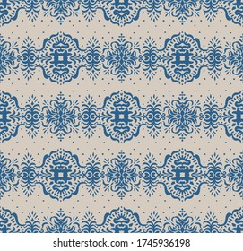 Ikat seamless pattern. Border with snowflakes. Openwork lace. New year Christmas background. Vector tie dye shibori print with stripes and chevron. Ink textured japanese background. Bohemian fashion. 