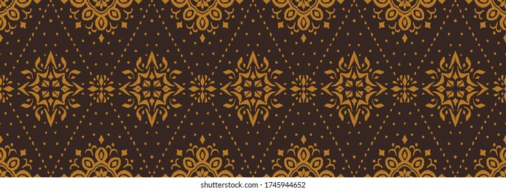 Ikat seamless pattern. Border with snowflakes. Openwork lace. New year Christmas background. Vector tie dye shibori print with stripes and chevron. Ink textured japanese background. Bohemian fashion. 