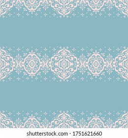 Ikat nahtloses Muster. Grenze mit Schneeflocken. Arbeitstisch. Neues Jahr Weihnachten Hintergrund. Vektorbinde Farbe Shibori Druck mit Streifen und Chevron. Tintenfisch strukturierter japanischer Hintergrund. Böhmische Mode. 