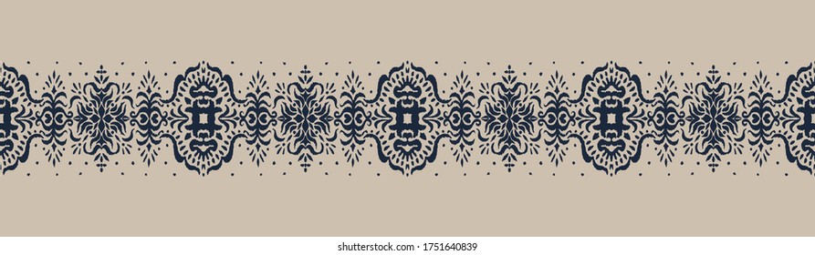 Ikat seamless pattern. Border with snowflakes. Openwork lace. New year Christmas background. Vector tie dye shibori print with stripes and chevron. Ink textured japanese background. Bohemian fashion. 