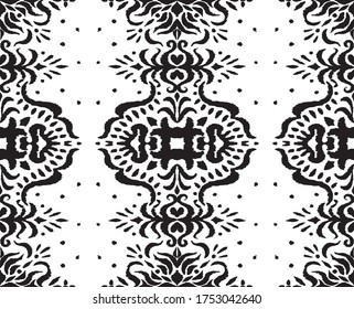 Ikat seamless pattern. Border with snowflakes. Openwork lace. New year Christmas background. Vector tie dye shibori print with stripes and chevron. Ink textured japanese background. Bohemian fashion. 
