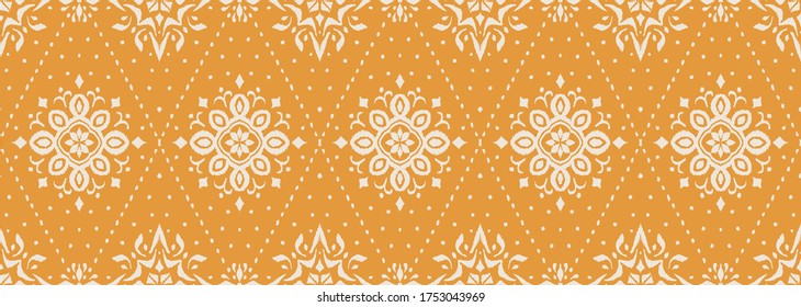 Ikat seamless pattern. Border with snowflakes. Openwork lace. New year Christmas background. Vector tie dye shibori print with stripes and chevron. Ink textured japanese background. Bohemian fashion. 