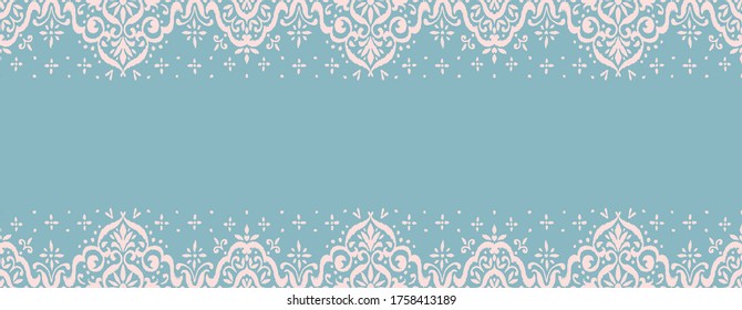 Ikat seamless pattern. Border with snowflakes. Openwork lace. New year Christmas background. Vector tie dye shibori print with stripes and chevron. Ink textured japanese background. Bohemian fashion. 