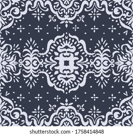 Ikat seamless pattern. Border with snowflakes. Openwork lace. New year Christmas background. Vector tie dye shibori print with stripes and chevron. Ink textured japanese background. Bohemian fashion. 