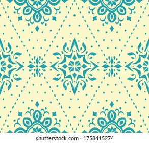 Ikat seamless pattern. Border with snowflakes. Openwork lace. New year Christmas background. Vector tie dye shibori print with stripes and chevron. Ink textured japanese background. Bohemian fashion. 