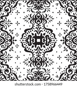 Ikat seamless pattern. Border with snowflakes. Openwork lace. New year Christmas background. Vector tie dye shibori print with stripes and chevron. Ink textured japanese background. Bohemian fashion. 