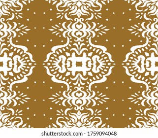 Ikat seamless pattern. Border with snowflakes. Openwork lace. New year Christmas background. Vector tie dye shibori print with stripes and chevron. Ink textured japanese background. Bohemian fashion. 