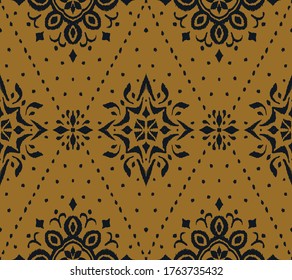 Ikat seamless pattern. Border with snowflakes. Openwork lace. New year Christmas background. Vector tie dye shibori print with stripes and chevron. Ink textured japanese background. Bohemian fashion. 
