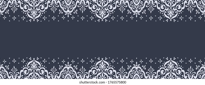 Ikat seamless pattern. Border with snowflakes. Openwork lace. New year Christmas background. Vector tie dye shibori print with stripes and chevron. Ink textured japanese background. Bohemian fashion. 