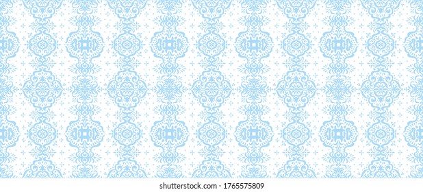 Ikat seamless pattern. Border with snowflakes. Openwork lace. New year Christmas background. Vector tie dye shibori print with stripes and chevron. Ink textured japanese background. Bohemian fashion. 