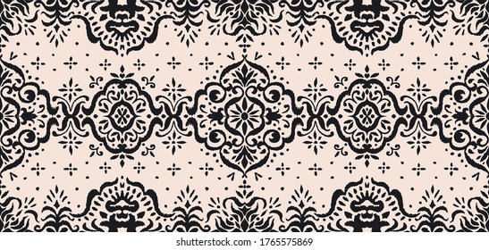 Ikat seamless pattern. Border with snowflakes. Openwork lace. New year Christmas background. Vector tie dye shibori print with stripes and chevron. Ink textured japanese background. Bohemian fashion. 