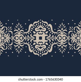 Patrón ininterrumpido de Ikat. Borde con copos de nieve. Lugar de apertura. Antecedentes de Navidad de Año Nuevo. Huella shibori de tinte vectorial con rayas y chevron. La tinta textura el fondo japonés. Moda bohemia. 