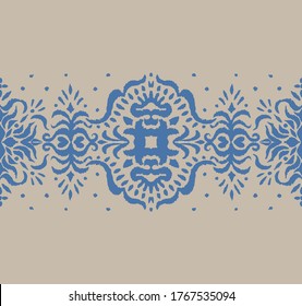Patrón ininterrumpido de Ikat. Borde con copos de nieve. Lugar de apertura. Antecedentes de Navidad de Año Nuevo. Huella shibori de tinte vectorial con rayas y chevron. La tinta textura el fondo japonés. Moda bohemia. 