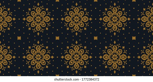 Ikat seamless pattern. Border with snowflakes. Openwork lace. New year Christmas background. Vector tie dye shibori print with stripes and chevron. Ink textured japanese background. Bohemian fashion. 