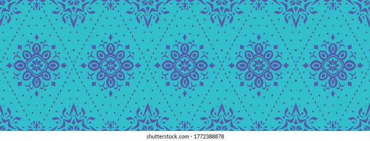 Patrón ininterrumpido de Ikat. Borde con copos de nieve. Lugar de apertura. Antecedentes de Navidad de Año Nuevo. Huella shibori de tinte vectorial con rayas y chevron. La tinta textura el fondo japonés. Moda bohemia. 