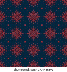 Ikat seamless pattern. Border with snowflakes. Openwork lace. New year Christmas background. Vector tie dye shibori print with stripes and chevron. Ink textured japanese background. Bohemian fashion. 