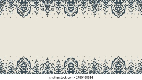 Ikat seamless pattern. Border with snowflakes. Openwork lace. New year Christmas background. Vector tie dye shibori print with stripes and chevron. Ink textured japanese background. Bohemian fashion. 