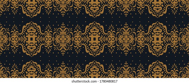 Ikat seamless pattern. Border with snowflakes. Openwork lace. New year Christmas background. Vector tie dye shibori print with stripes and chevron. Ink textured japanese background. Bohemian fashion. 