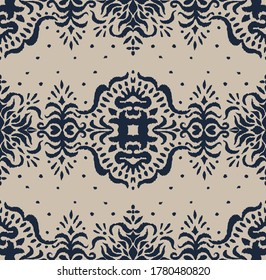 Ikat seamless pattern. Border with snowflakes. Openwork lace. New year Christmas background. Vector tie dye shibori print with stripes and chevron. Ink textured japanese background. Bohemian fashion. 