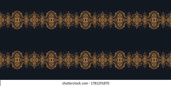 Ikat seamless pattern. Border with snowflakes. Openwork lace. New year Christmas background. Vector tie dye shibori print with stripes and chevron. Ink textured japanese background. Bohemian fashion. 
