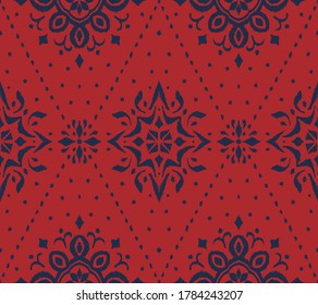 Ikat seamless pattern. Border with snowflakes. Openwork lace. New year Christmas background. Vector tie dye shibori print with stripes and chevron. Ink textured japanese background. Bohemian fashion. 