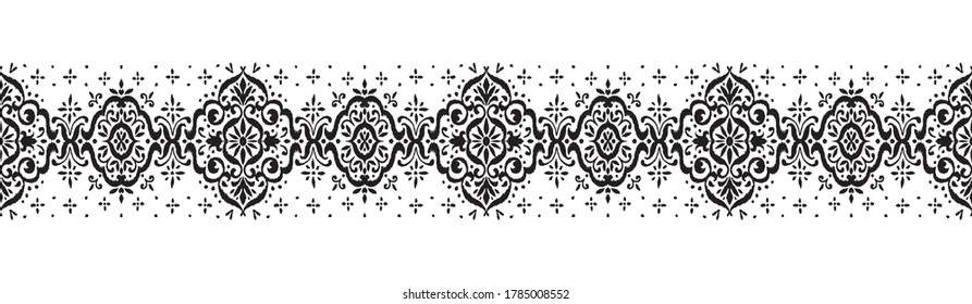 Ikat seamless pattern. Border with snowflakes. Openwork lace. New year Christmas background. Vector tie dye shibori print with stripes and chevron. Ink textured japanese background. Bohemian fashion. 