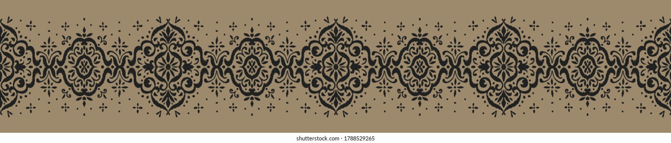 Patrón ininterrumpido de Ikat. Borde con copos de nieve. Lugar de apertura. Antecedentes de Navidad de Año Nuevo. Huella shibori de tinte vectorial con rayas y chevron. La tinta textura el fondo japonés. Moda bohemia. 