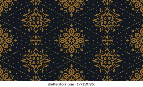 Ikat seamless pattern. Border with snowflakes. Openwork lace. New year Christmas background. Vector tie dye shibori print with stripes and chevron. Ink textured japanese background. Bohemian fashion. 