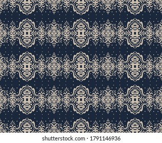 Ikat nahtloses Muster. Grenze mit Schneeflocken. Arbeitstisch. Neues Jahr Weihnachten Hintergrund. Vektorbinde Farbe Shibori Druck mit Streifen und Chevron. Tintenfisch strukturierter japanischer Hintergrund. Böhmische Mode. 