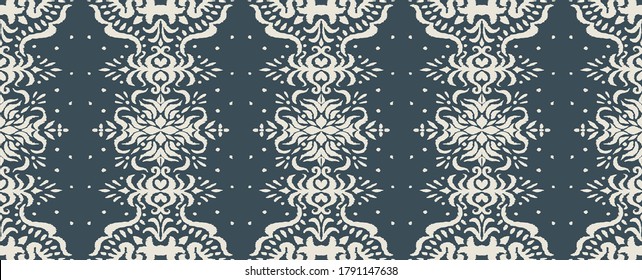 Ikat seamless pattern. Border with snowflakes. Openwork lace. New year Christmas background. Vector tie dye shibori print with stripes and chevron. Ink textured japanese background. Bohemian fashion. 