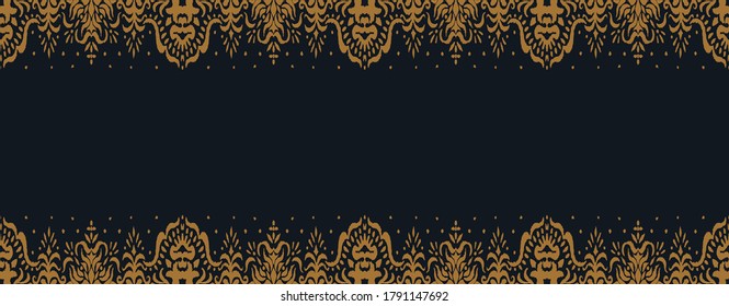 Ikat seamless pattern. Border with snowflakes. Openwork lace. New year Christmas background. Vector tie dye shibori print with stripes and chevron. Ink textured japanese background. Bohemian fashion. 