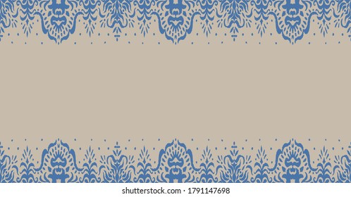 Ikat nahtloses Muster. Grenze mit Schneeflocken. Arbeitstisch. Neues Jahr Weihnachten Hintergrund. Vektorbinde Farbe Shibori Druck mit Streifen und Chevron. Tintenfisch strukturierter japanischer Hintergrund. Böhmische Mode. 