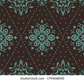 Ikat seamless pattern. Border with snowflakes. Openwork lace. New year Christmas background. Vector tie dye shibori print with stripes and chevron. Ink textured japanese background. Bohemian fashion. 