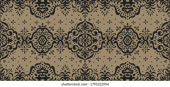 Ikat seamless pattern. Border with snowflakes. Openwork lace. New year Christmas background. Vector tie dye shibori print with stripes and chevron. Ink textured japanese background. Bohemian fashion. 