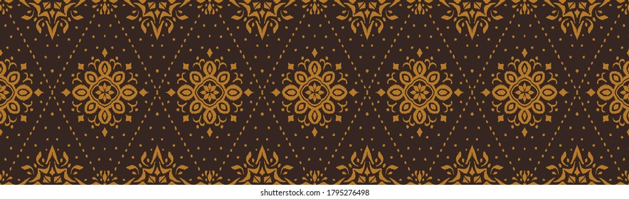 Ikat seamless pattern. Border with snowflakes. Openwork lace. New year Christmas background. Vector tie dye shibori print with stripes and chevron. Ink textured japanese background. Bohemian fashion. 