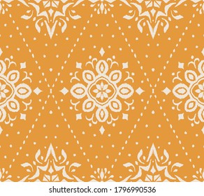 Ikat seamless pattern. Border with snowflakes. Openwork lace. New year Christmas background. Vector tie dye shibori print with stripes and chevron. Ink textured japanese background. Bohemian fashion. 