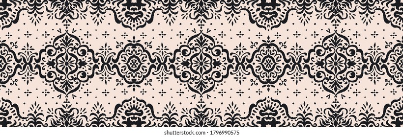 Ikat seamless pattern. Border with snowflakes. Openwork lace. New year Christmas background. Vector tie dye shibori print with stripes and chevron. Ink textured japanese background. Bohemian fashion. 