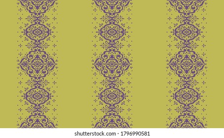 Ikat seamless pattern. Border with snowflakes. Openwork lace. New year Christmas background. Vector tie dye shibori print with stripes and chevron. Ink textured japanese background. Bohemian fashion. 
