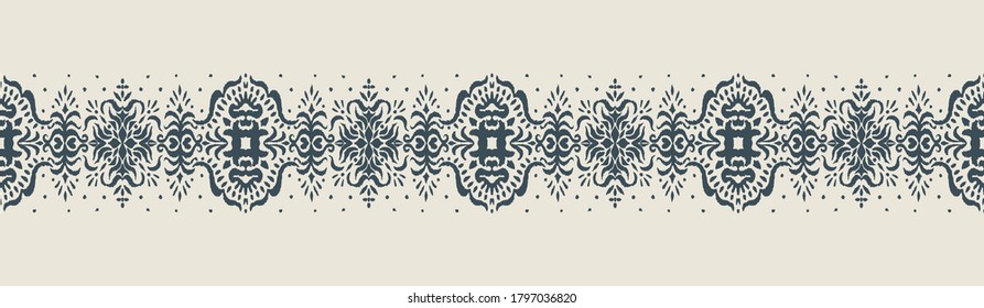 Patrón ininterrumpido de Ikat. Borde con copos de nieve. Lugar de apertura. Antecedentes de Navidad de Año Nuevo. Huella shibori de tinte vectorial con rayas y chevron. La tinta textura el fondo japonés. Moda bohemia. 