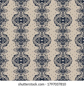Ikat seamless pattern. Border with snowflakes. Openwork lace. New year Christmas background. Vector tie dye shibori print with stripes and chevron. Ink textured japanese background. Bohemian fashion. 