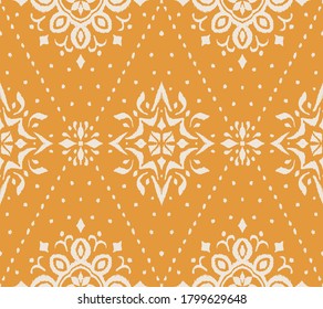 Ikat seamless pattern. Border with snowflakes. Openwork lace. New year Christmas background. Vector tie dye shibori print with stripes and chevron. Ink textured japanese background. Bohemian fashion. 