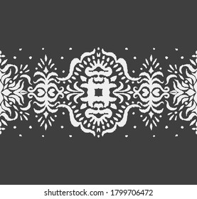 Ikat nahtloses Muster. Grenze mit Schneeflocken. Arbeitstisch. Neues Jahr Weihnachten Hintergrund. Vektorbinde Farbe Shibori Druck mit Streifen und Chevron. Tintenfisch strukturierter japanischer Hintergrund. Böhmische Mode. 