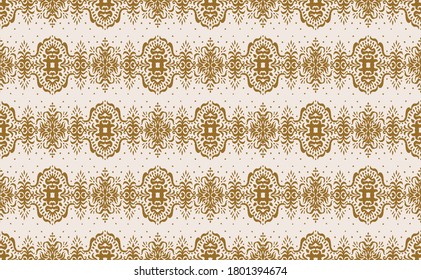 Ikat seamless pattern. Border with snowflakes. Openwork lace. New year Christmas background. Vector tie dye shibori print with stripes and chevron. Ink textured japanese background. Bohemian fashion. 