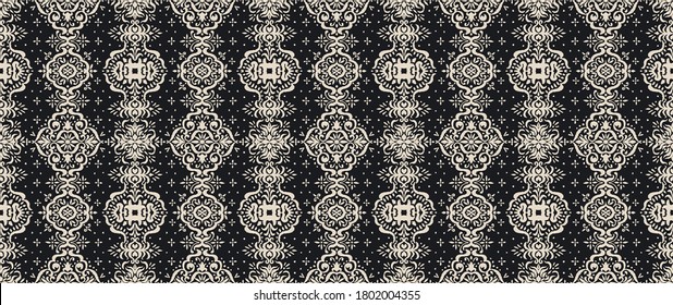 Ikat seamless pattern. Border with snowflakes. Openwork lace. New year Christmas background. Vector tie dye shibori print with stripes and chevron. Ink textured japanese background. Bohemian fashion. 