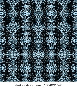 Ikat seamless pattern. Border with snowflakes. Openwork lace. New year Christmas background. Vector tie dye shibori print with stripes and chevron. Ink textured japanese background. Bohemian fashion. 