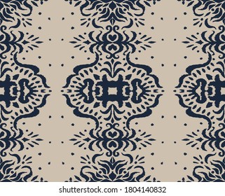 Patrón ininterrumpido de Ikat. Borde con copos de nieve. Lugar de apertura. Antecedentes de Navidad de Año Nuevo. Huella shibori de tinte vectorial con rayas y chevron. La tinta textura el fondo japonés. Moda bohemia. 