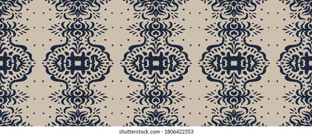 Ikat seamless pattern. Border with snowflakes. Openwork lace. New year Christmas background. Vector tie dye shibori print with stripes and chevron. Ink textured japanese background. Bohemian fashion. 